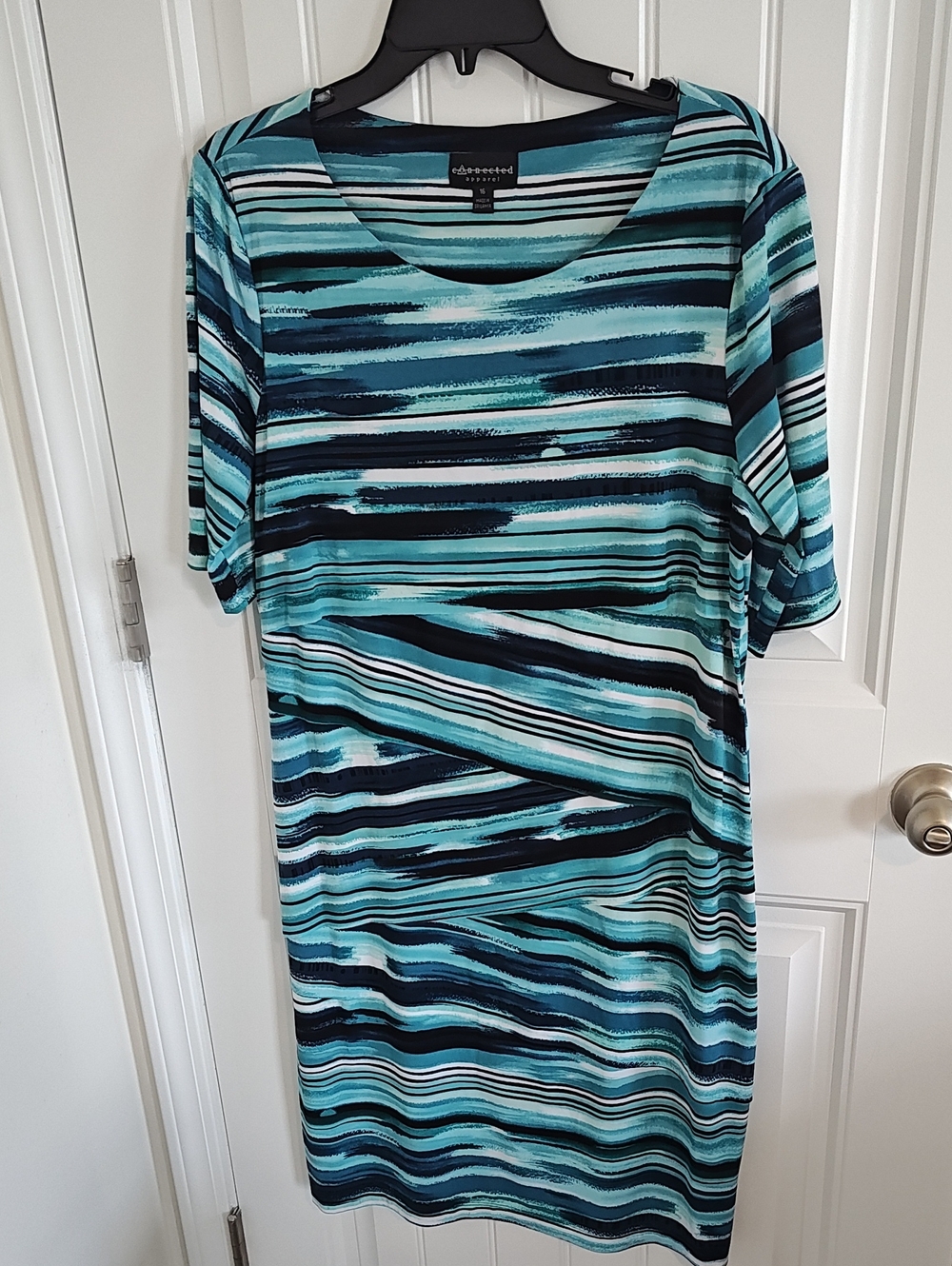 Connected Apparel Women Teal Blue Abstract Stripe Tiered Sheath Dress Size 16